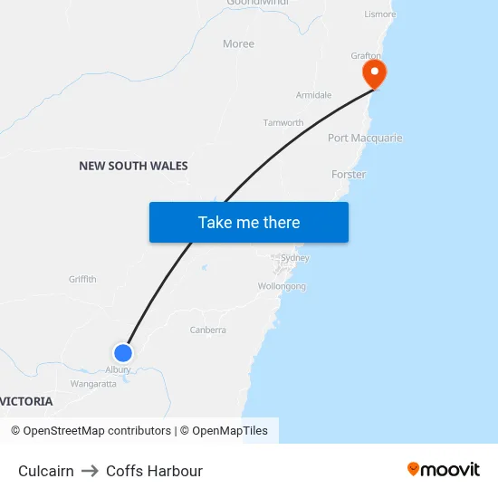 Culcairn to Coffs Harbour map