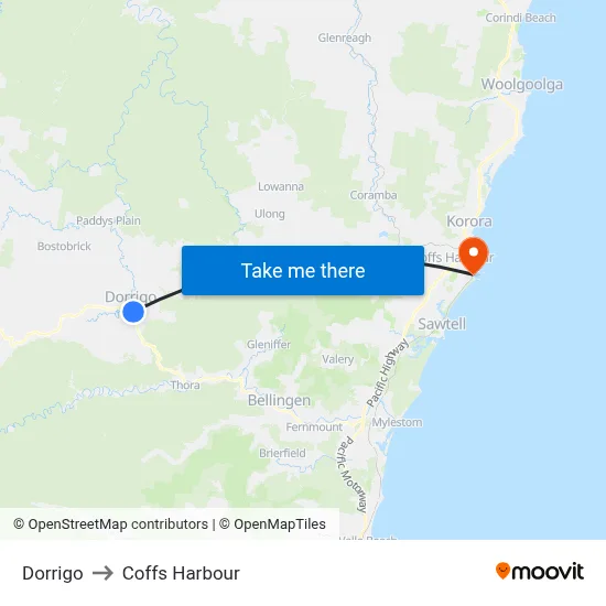 Dorrigo to Coffs Harbour map