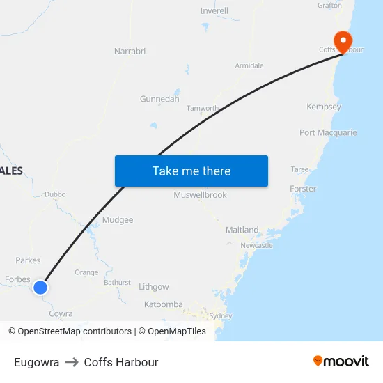 Eugowra to Coffs Harbour map