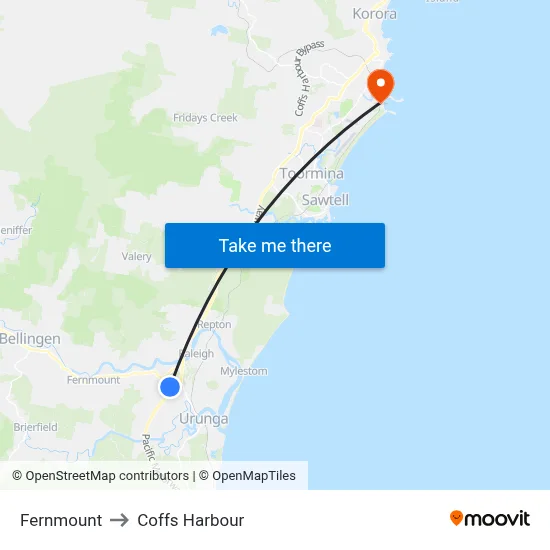 Fernmount to Coffs Harbour map