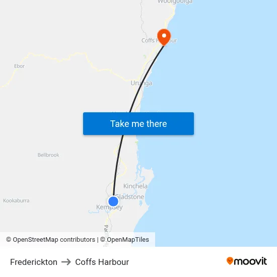 Frederickton to Coffs Harbour map