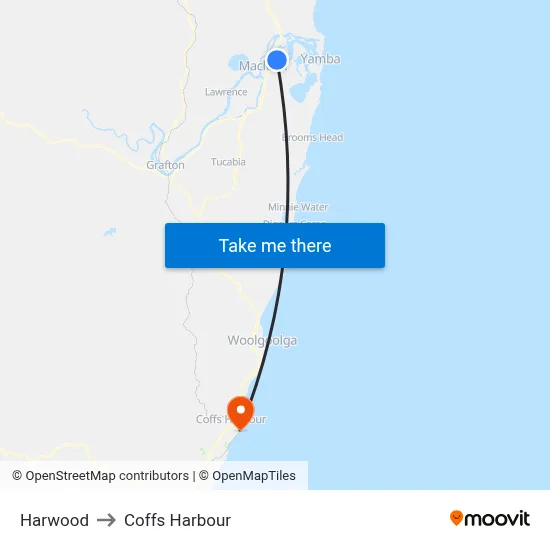 Harwood to Coffs Harbour map
