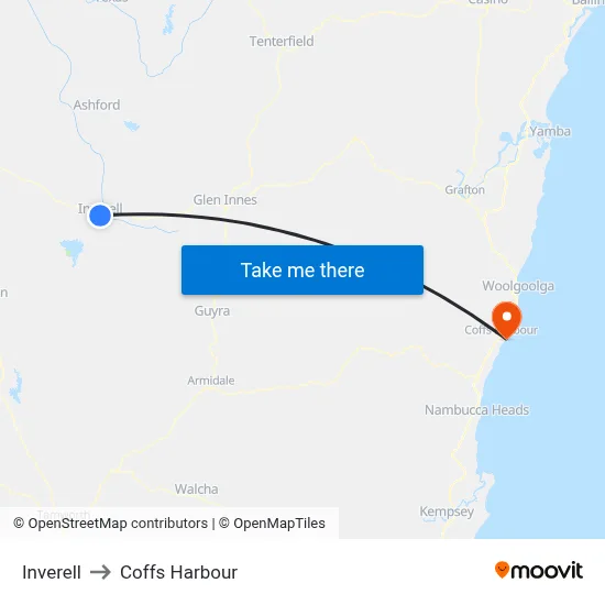 Inverell to Coffs Harbour map