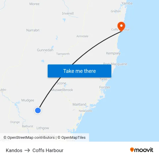 Kandos to Coffs Harbour map