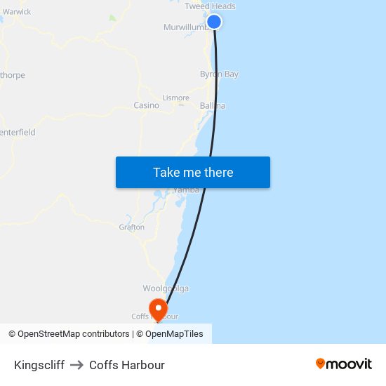 Kingscliff to Coffs Harbour map