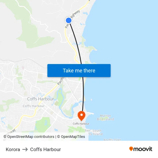 Korora to Coffs Harbour map