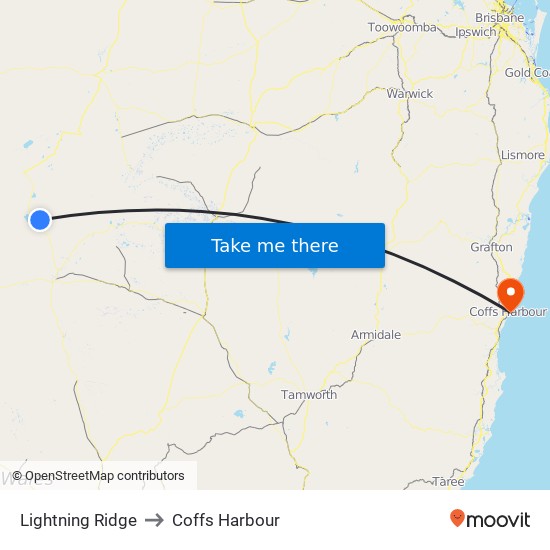 Lightning Ridge to Coffs Harbour map