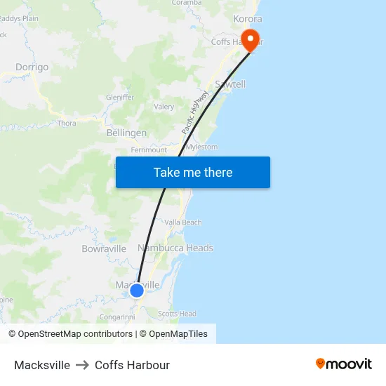 Macksville to Coffs Harbour map