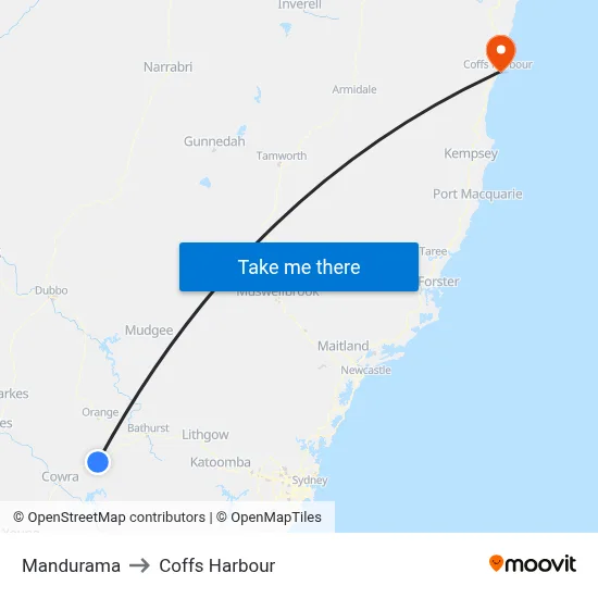 Mandurama to Coffs Harbour map
