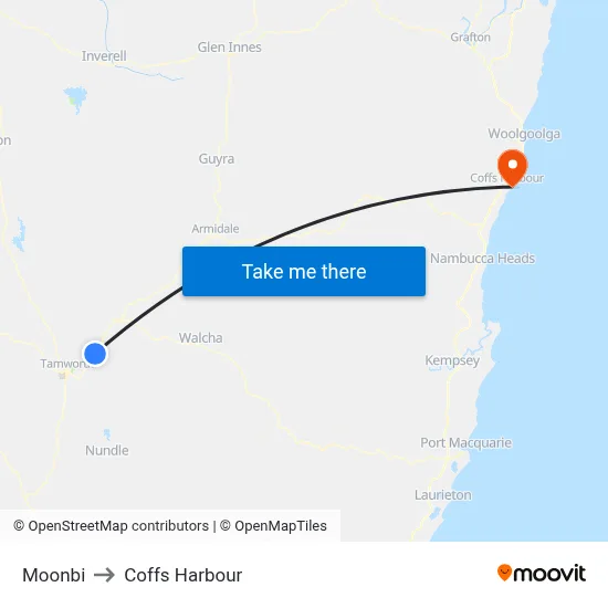 Moonbi to Coffs Harbour map
