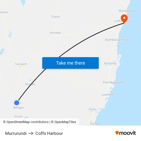 Murrurundi to Coffs Harbour map
