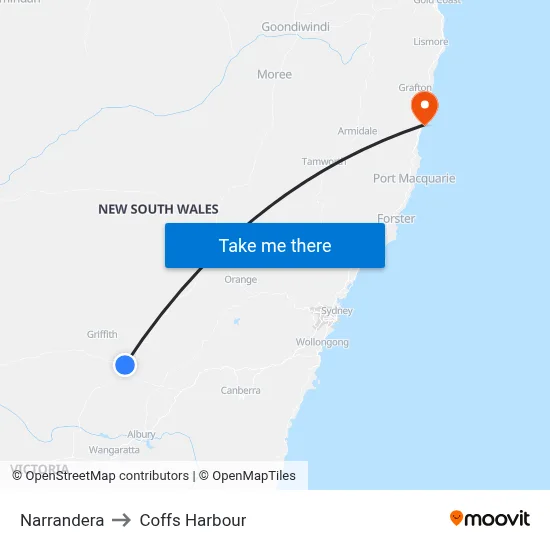 Narrandera to Coffs Harbour map
