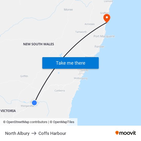 North Albury to Coffs Harbour map