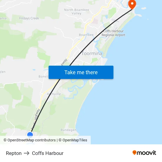 Repton to Coffs Harbour map