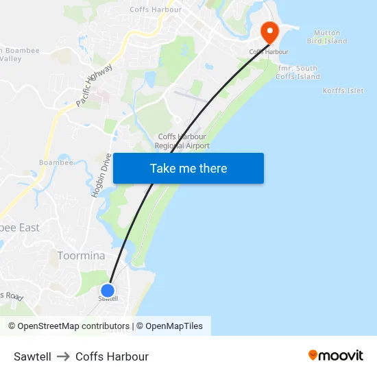 Sawtell to Coffs Harbour map