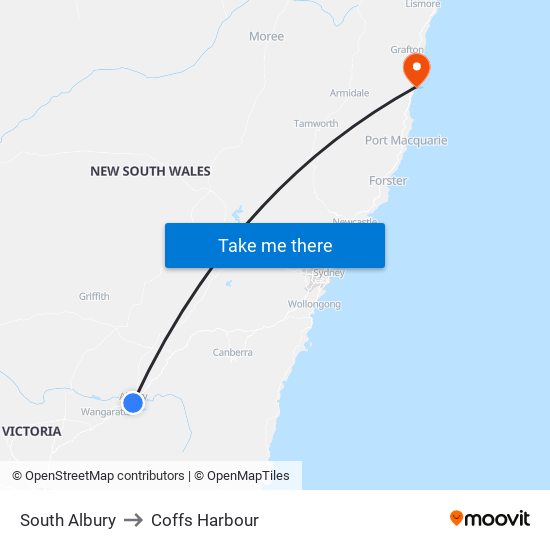 South Albury to Coffs Harbour map