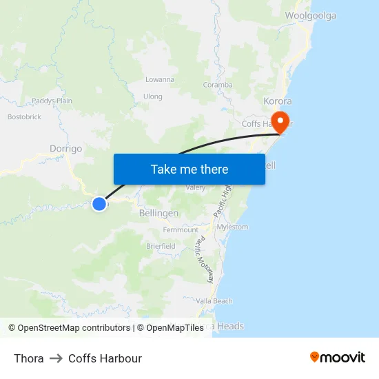 Thora to Coffs Harbour map