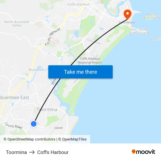 Toormina to Coffs Harbour map