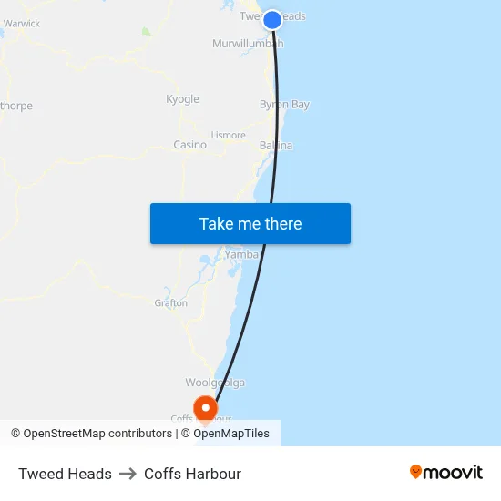 Tweed Heads to Coffs Harbour map