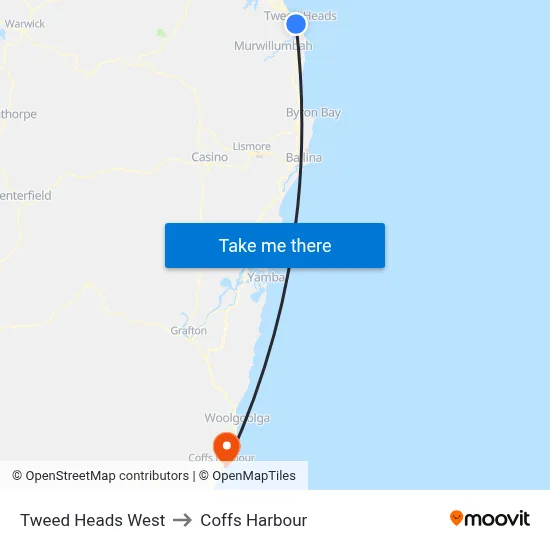 Tweed Heads West to Coffs Harbour map