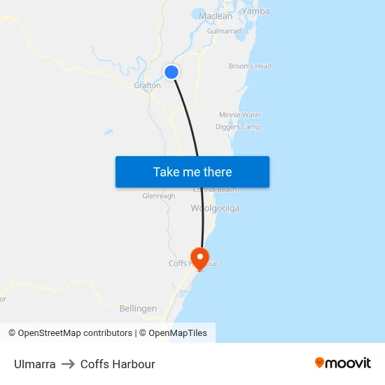 Ulmarra to Coffs Harbour map