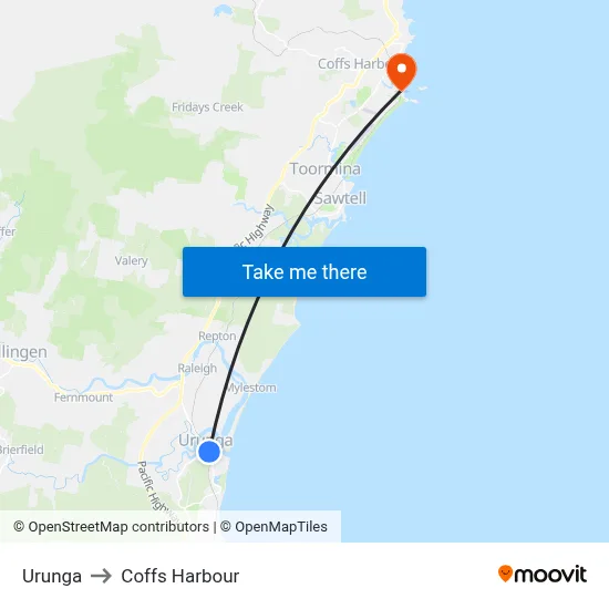 Urunga to Coffs Harbour map