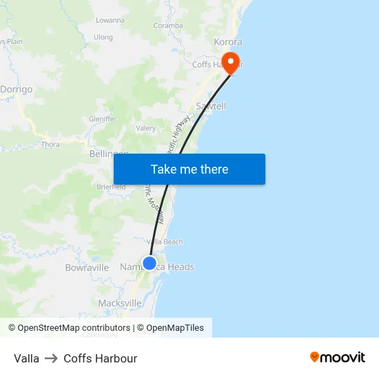 Valla to Coffs Harbour map