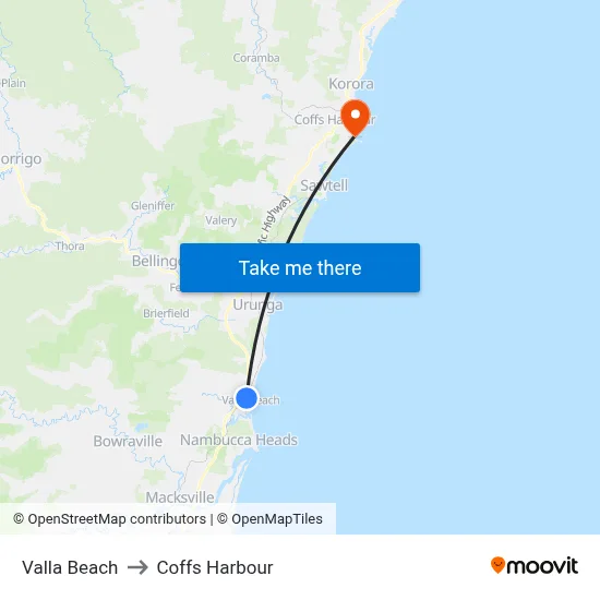 Valla Beach to Coffs Harbour map