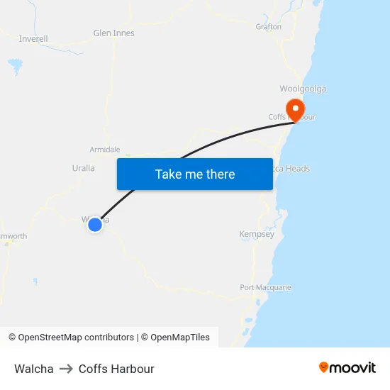 Walcha to Coffs Harbour map