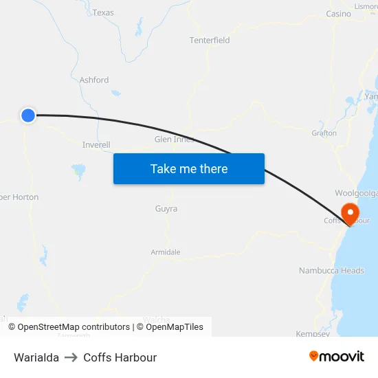 Warialda to Coffs Harbour map