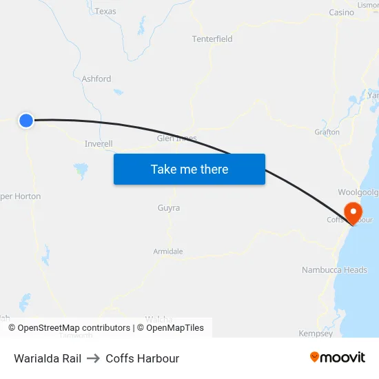 Warialda Rail to Coffs Harbour map