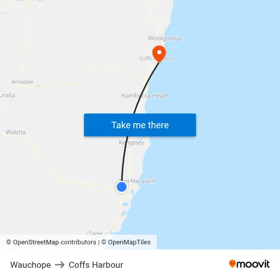 Wauchope to Coffs Harbour map