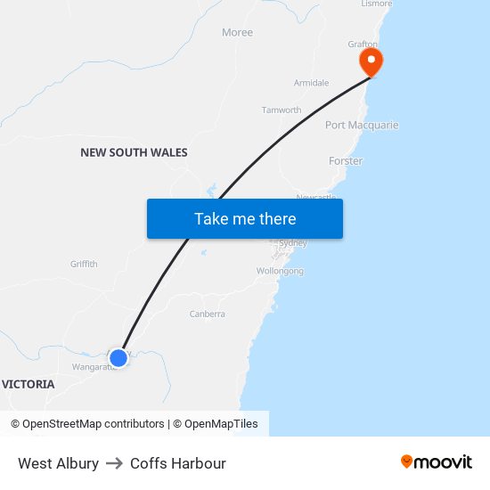 West Albury to Coffs Harbour map