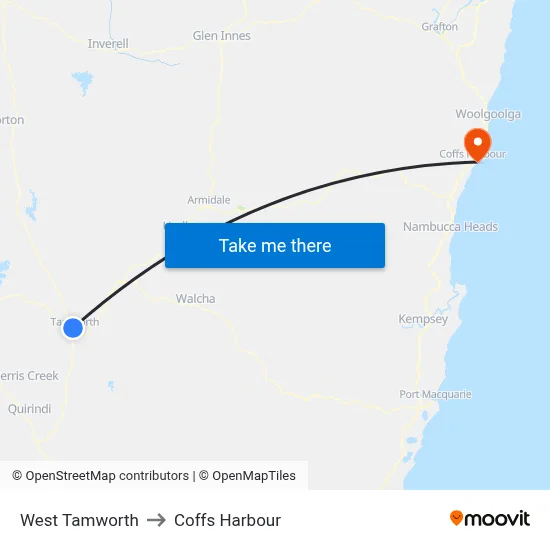 West Tamworth to Coffs Harbour map