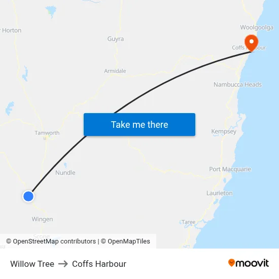 Willow Tree to Coffs Harbour map