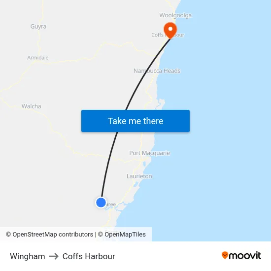 Wingham to Coffs Harbour map