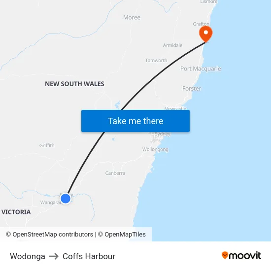 Wodonga to Coffs Harbour map