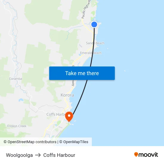 Woolgoolga to Coffs Harbour map