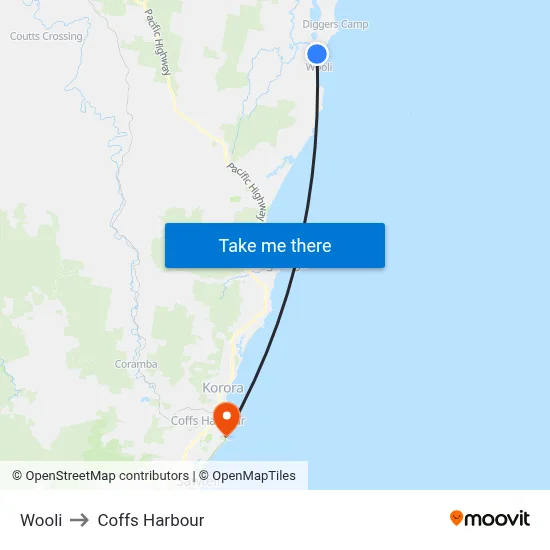 Wooli to Coffs Harbour map