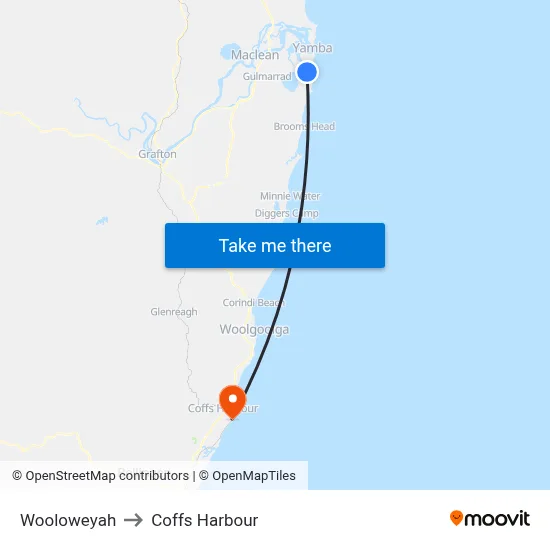Wooloweyah to Coffs Harbour map