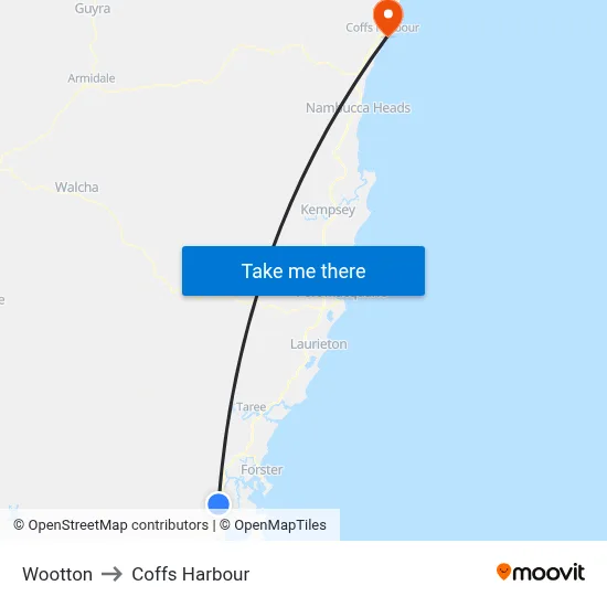 Wootton to Coffs Harbour map
