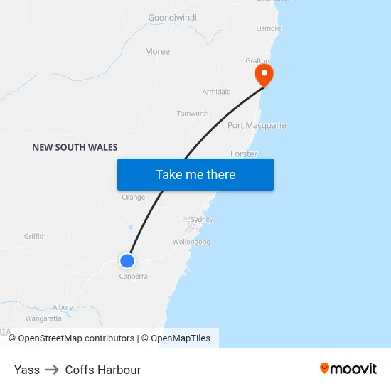 Yass to Coffs Harbour map