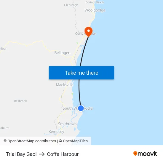 Trial Bay Gaol to Coffs Harbour map