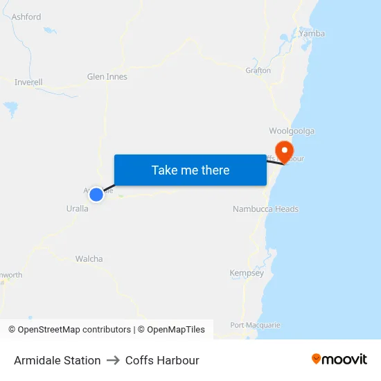Armidale Station to Coffs Harbour map