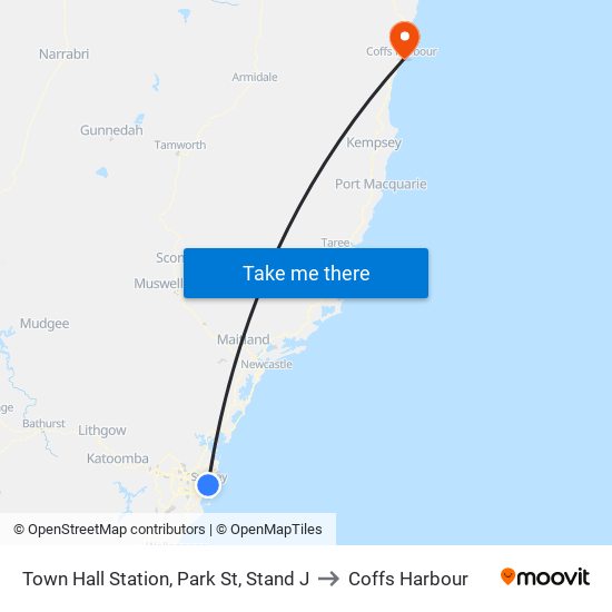 Town Hall Station, Park St, Stand J to Coffs Harbour map