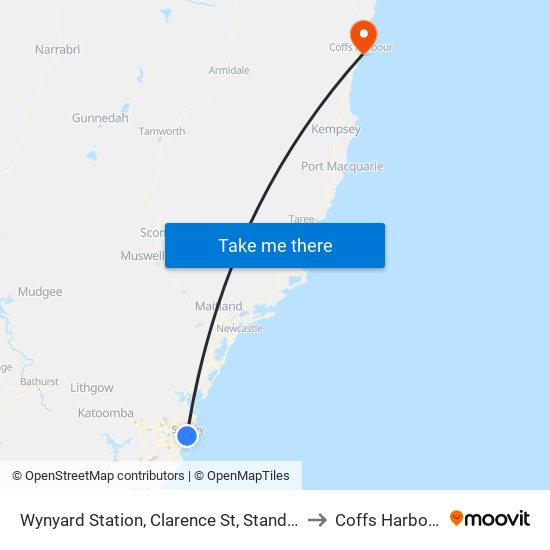 Wynyard Station, Clarence St, Stand Q to Coffs Harbour map