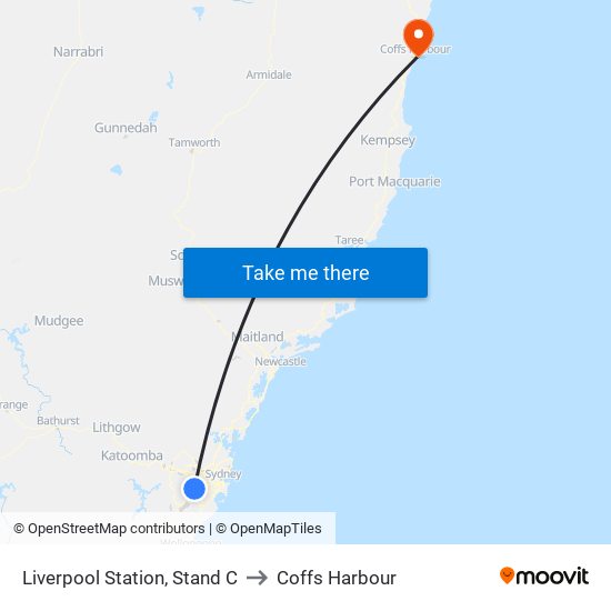 Liverpool Station, Stand C to Coffs Harbour map