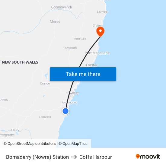 Bomaderry (Nowra) Station to Coffs Harbour map