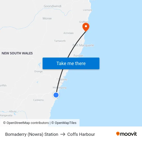 Bomaderry Station to Coffs Harbour map
