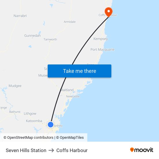 Seven Hills Station to Coffs Harbour map